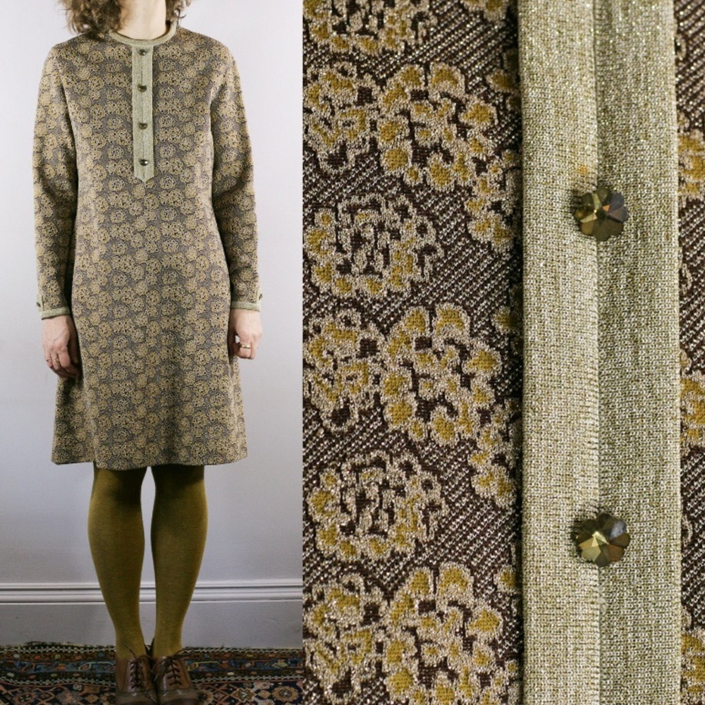 70s Tiki Knit Leicester Dress, Metallic Floral Brown Gold Midi Cocktail Shift M